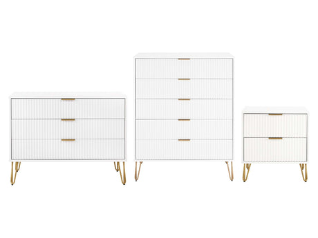 3-Piece DUMBO 5-Drawer Tall Dresser, DUMBO 3-Drawer Standard Dresser and DUMBO Nightstand 2.0 in White - Ornate Home