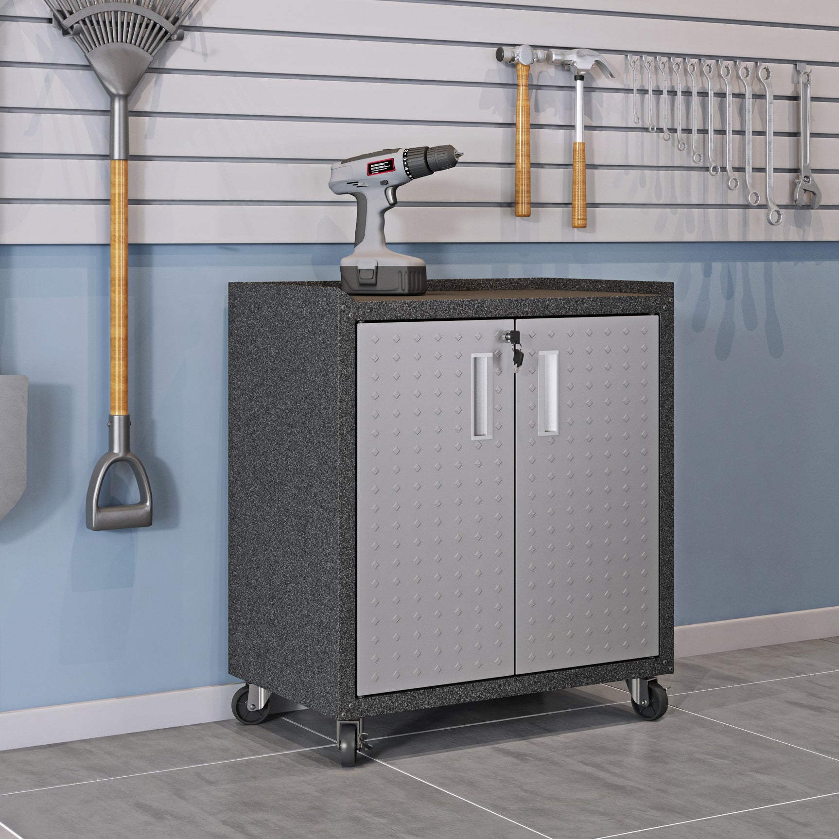 3-Piece Fortress Mobile Space-Saving Garage Cabinet and Worktable 1.0 in Grey - Ornate Home