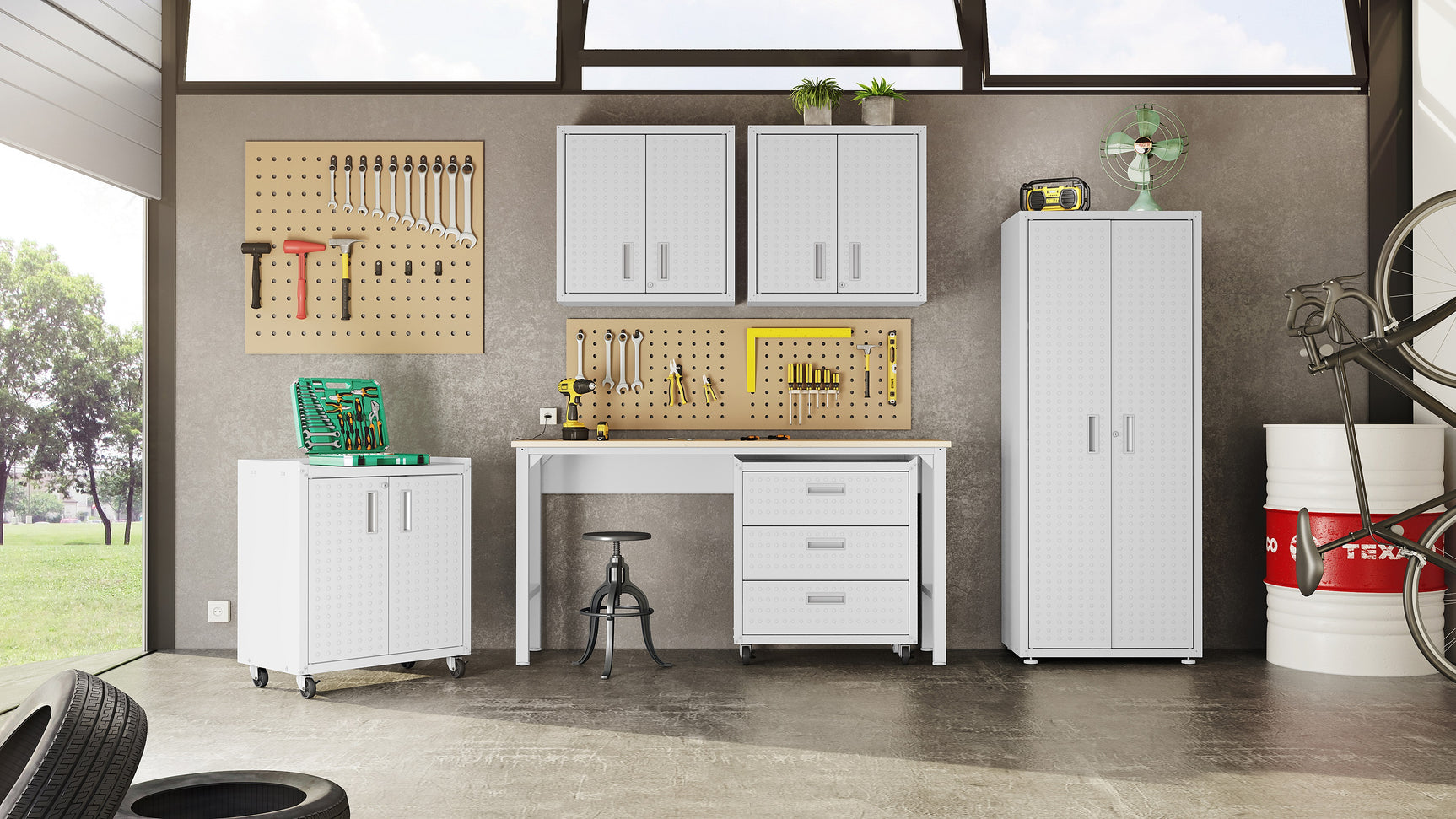 3-Piece Fortress Mobile Space-Saving Garage Cabinet and Worktable 1.0 in White - Ornate Home