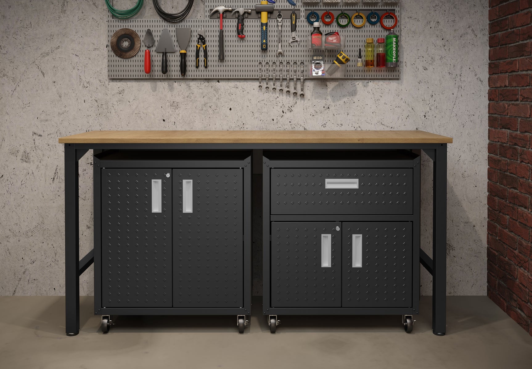 3-Piece Fortress Mobile Space-Saving Garage Cabinet and Worktable 2.0 in Charcoal Grey - Ornate Home