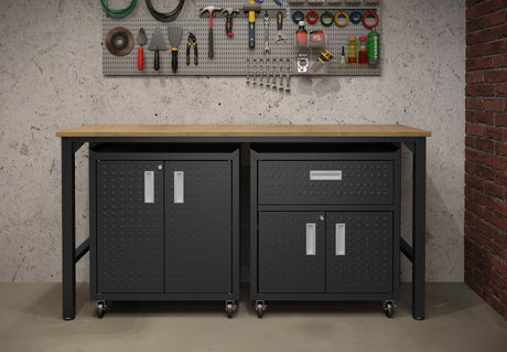 3-Piece Fortress Mobile Space-Saving Garage Cabinet and Worktable 2.0 in Charcoal Grey - Ornate Home