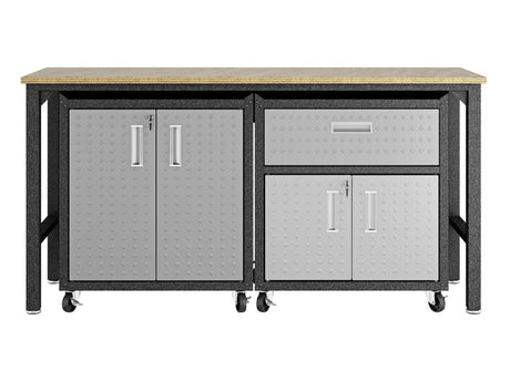 3-Piece Fortress Mobile Space-Saving Garage Cabinet and Worktable 2.0 in Grey - Ornate Home