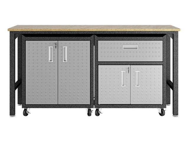 3-Piece Fortress Mobile Space-Saving Garage Cabinet and Worktable 2.0 in Grey - Ornate Home