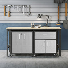 3-Piece Fortress Mobile Space-Saving Garage Cabinet and Worktable 2.0 in Grey - Ornate Home