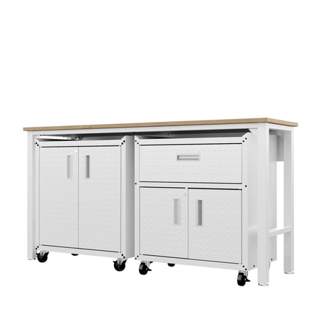 3-Piece Fortress Mobile Space-Saving Garage Cabinet and Worktable 2.0 in White - Ornate Home