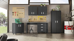3-Piece Fortress Mobile Space-Saving Garage Cabinet and Worktable 3.0 in Charcoal Grey - Ornate Home