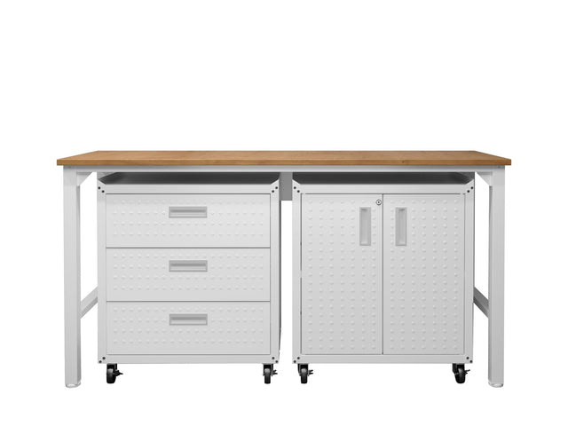 3-Piece Fortress Mobile Space-Saving Garage Cabinet and Worktable 3.0 in White - Ornate Home