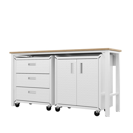 3-Piece Fortress Mobile Space-Saving Garage Cabinet and Worktable 3.0 in White - Ornate Home