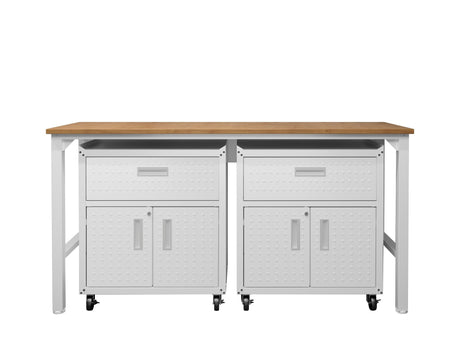 3-Piece Fortress Mobile Space-Saving Garage Cabinet and Worktable 4.0 in White - Ornate Home
