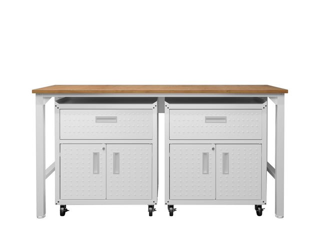 3-Piece Fortress Mobile Space-Saving Garage Cabinet and Worktable 4.0 in White - Ornate Home