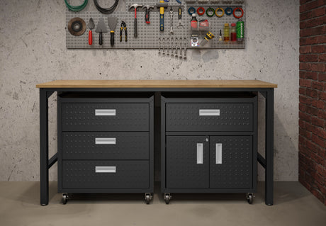 3-Piece Fortress Mobile Space-Saving Garage Cabinet and Worktable 5.0 in Charcoal Grey - Ornate Home