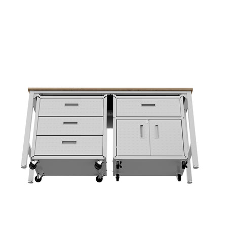 3-Piece Fortress Mobile Space-Saving Garage Cabinet and Worktable 5.0 in White - Ornate Home