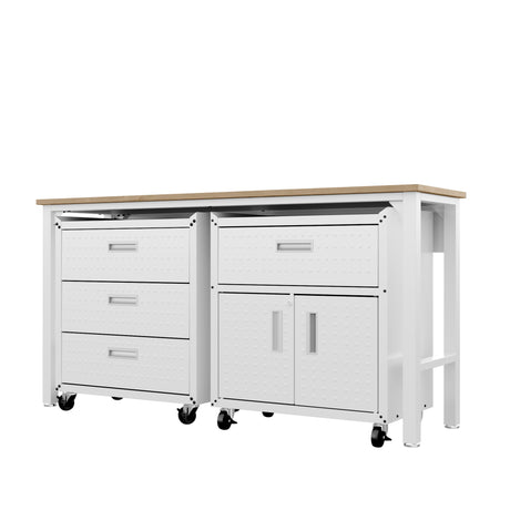 3-Piece Fortress Mobile Space-Saving Garage Cabinet and Worktable 5.0 in White - Ornate Home