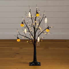 3' Pre-Lit Artificial Halloween Pumpkins and Skulls Ornament Tree with 48 Warm White LED Lights - Ornate Home