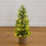 3'  Pre-Lit Artificial Lightly Snowed Cypress Christmas Tree with 38 Warm White LED Lights in Decorative Weaved Basket