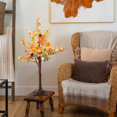 3' Pre-Lit Autumn Eucalyptus Artificial Fall Tree with Pinecones, Berries and 36 Warm White LED Lights - Ornate Home