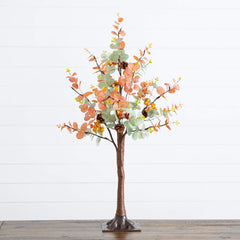 3' Pre-Lit Autumn Eucalyptus Artificial Fall Tree with Pinecones, Berries and 36 Warm White LED Lights - Ornate Home