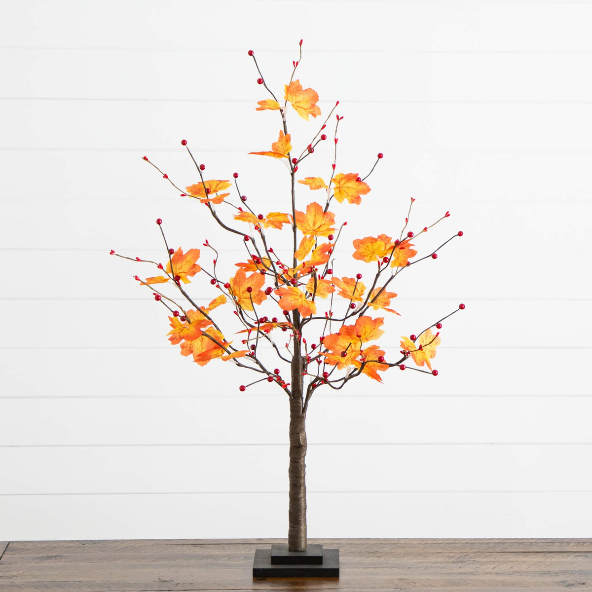 3' Pre-Lit Autumn Maple Artificial Fall Tree with Berries and 36 Warm White LED Lights