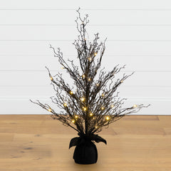 3’ Pre-Lit Halloween Black Twig Artificial Fall Tree in Burlap Planter with 42 Warm White LED Lights - Ornate Home