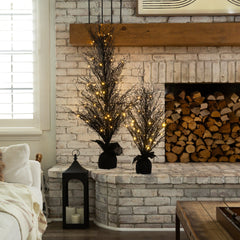 3’ Pre-Lit Halloween Black Twig Artificial Fall Tree in Burlap Planter with 42 Warm White LED Lights - Ornate Home