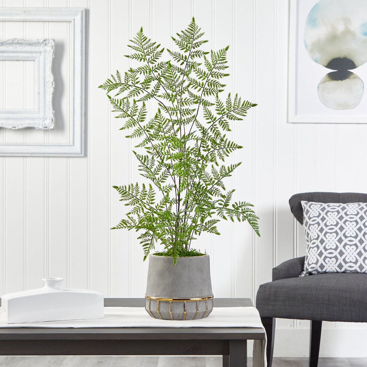 3’ Ruffle Fern Artificial Tree in Stoneware Planter with Gold Trimming
