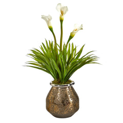 30” Calla Lily and Grass Artificial Arrangement in Designer Vase - Ornate Home