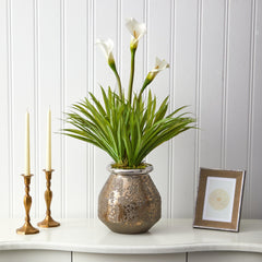 30” Calla Lily and Grass Artificial Arrangement in Designer Vase - Ornate Home