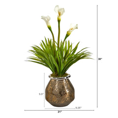 30” Calla Lily and Grass Artificial Arrangement in Designer Vase - Ornate Home