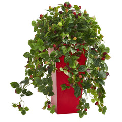 30” Rasberry Artificial Plant in Red Tower Planter - Ornate Home