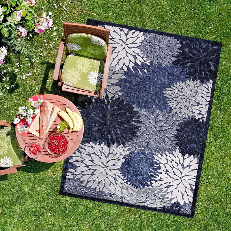 Spring Navy Floral Exotic Tropical Non-Shedding Indoor/Outdoor Area Rugs - Ornate Home