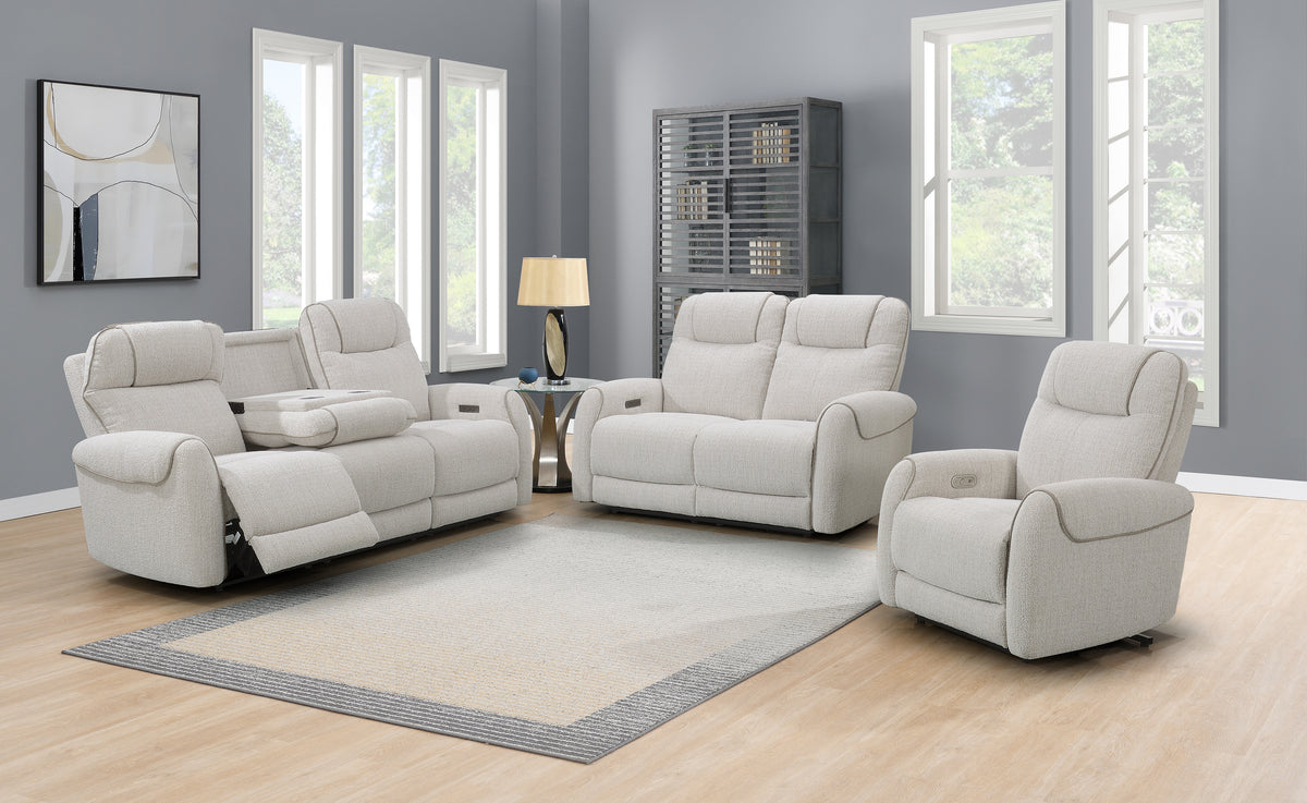 Ogden White Fabric Dual Power Reclining Sofa with Drop-Down Table