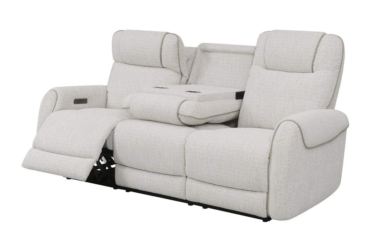 Ogden White Fabric Dual Power Reclining Sofa with Drop-Down Table