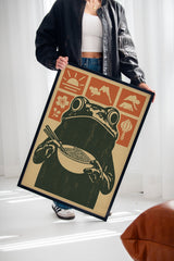 Ramen Frog in Retro Woodblock Style