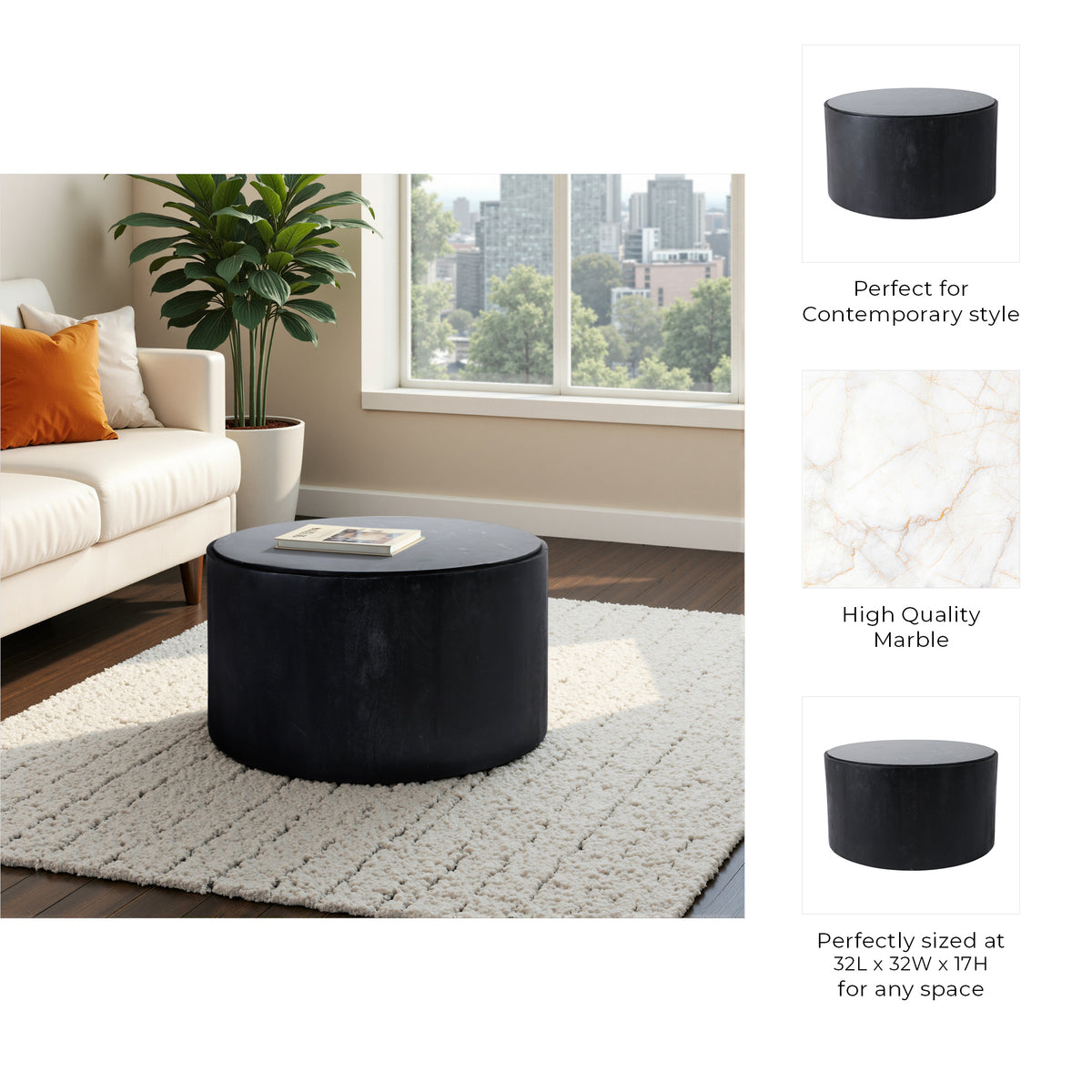Johnsville Black/White Marble Inlay Round Coffee Table