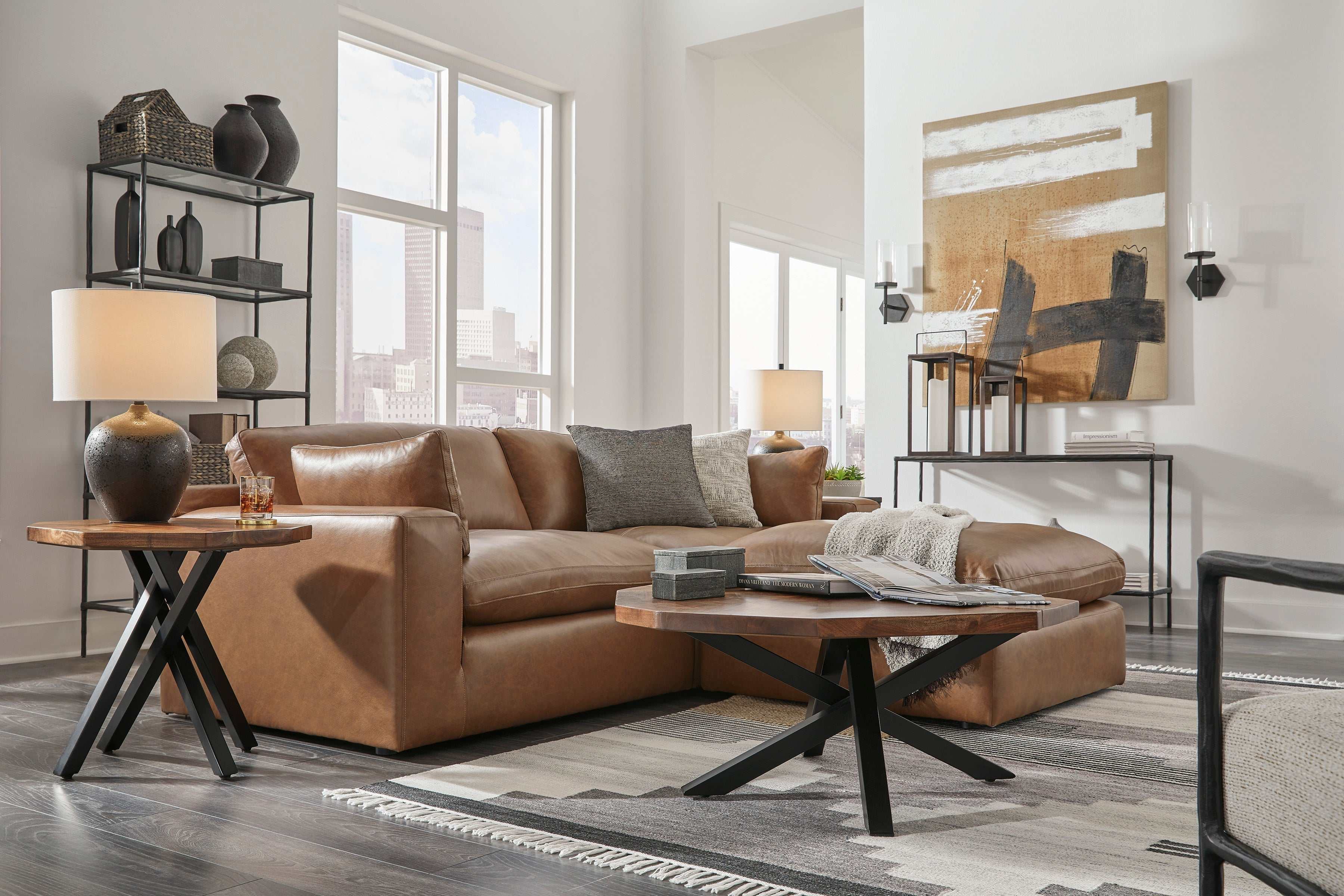 (Online Special Price) Emilia Caramel Leather 3pc Modular Sectional Loveseat w/ Ottoman - Ornate Home