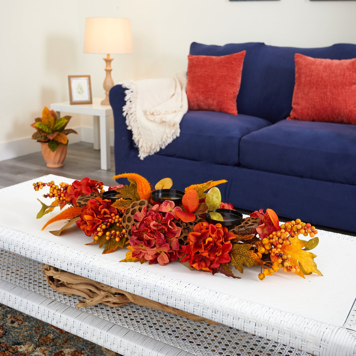 32” Fall Hydrangea, Lotus Seed and Berries Artificial Candelabrum Arrangement
