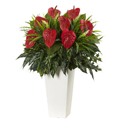33" Artificial Mixed Anthurium Plant in White Tower Vase" - Ornate Home