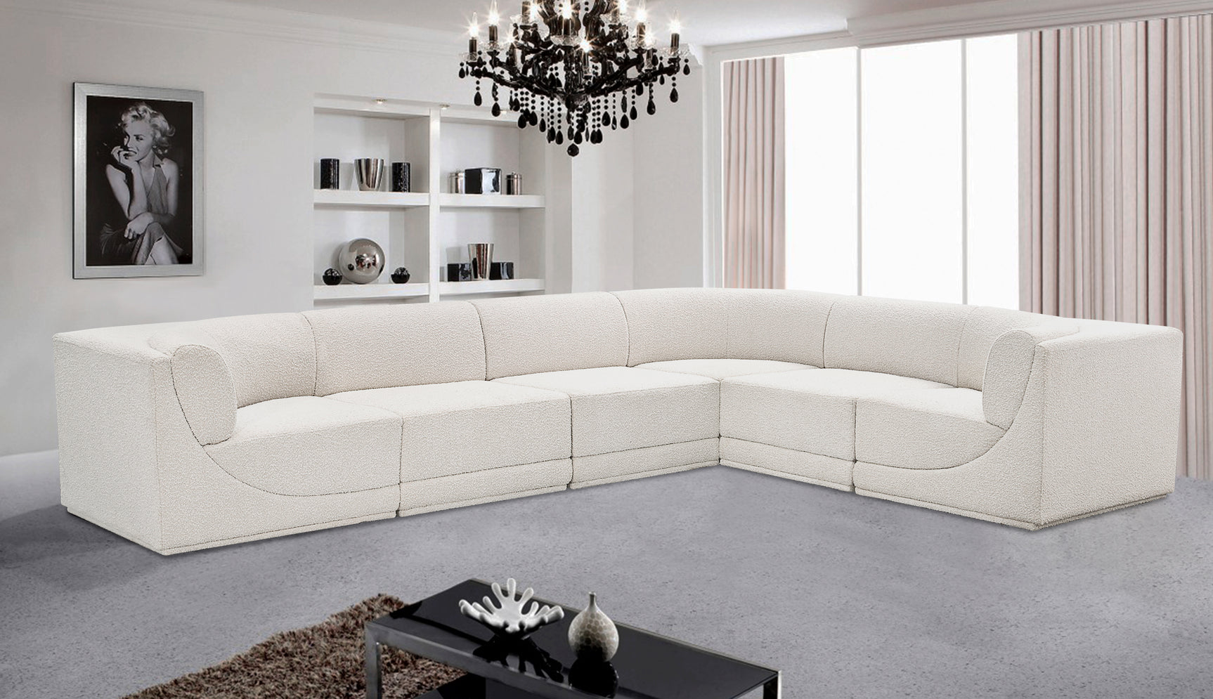 Westcoast Cream 128" Boucle Fabric Upholstered 6pc. Modular Sectional