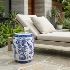 Hunterdale Blue/White Ceramic Pinwheel Flower Chinoiserie Stool - 19045EC