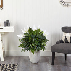 34” Mixed Spathiphyllum Artificial Plant in White Planter - Ornate Home