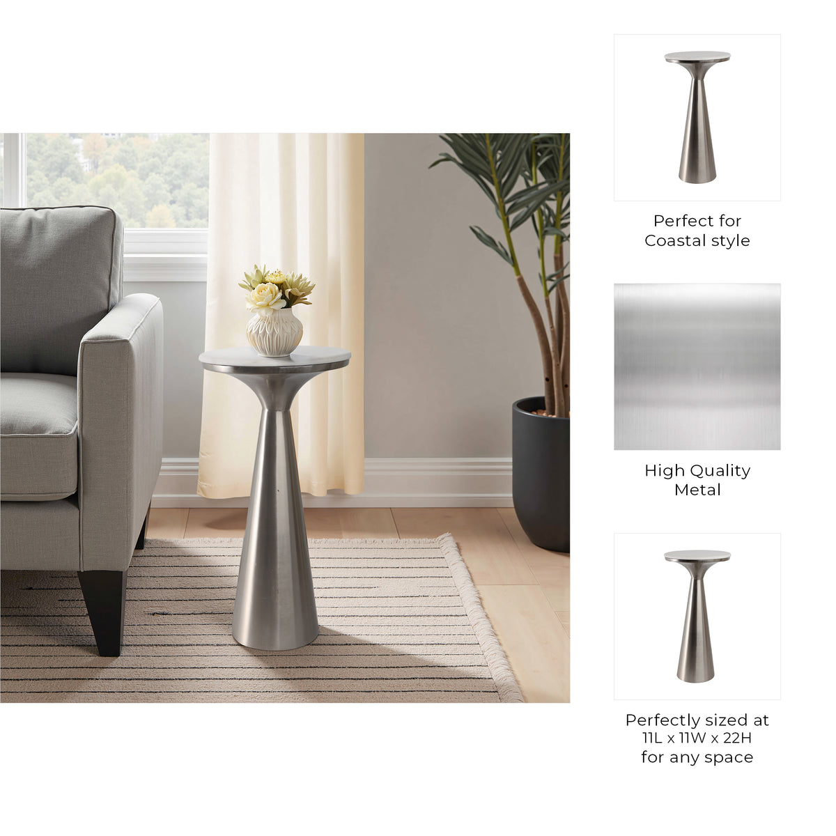 Redcrest White/Silver Tapered Mtal Base and Marble Drnk Table