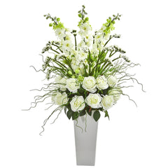 35” Delphinium and Rose Arrangement in White Planter - Ornate Home