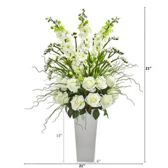 35” Delphinium and Rose Arrangement in White Planter - Ornate Home