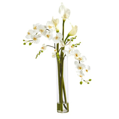 35” Phalaenopsis Orchid and Calla Lily Artificial Arrangement in Glass Vase - Ornate Home