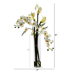 35” Phalaenopsis Orchid and Calla Lily Artificial Arrangement in Glass Vase - Ornate Home