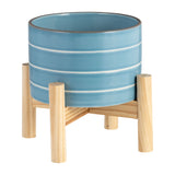 Alisal Sky Blue Small Striped Planter with Wood Stand