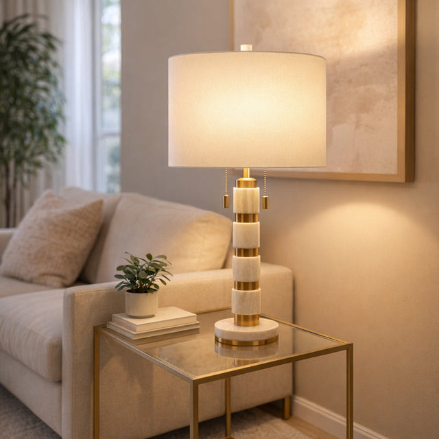 Plainview White/Gold Stacked Marble Lamp with 2 Pulls