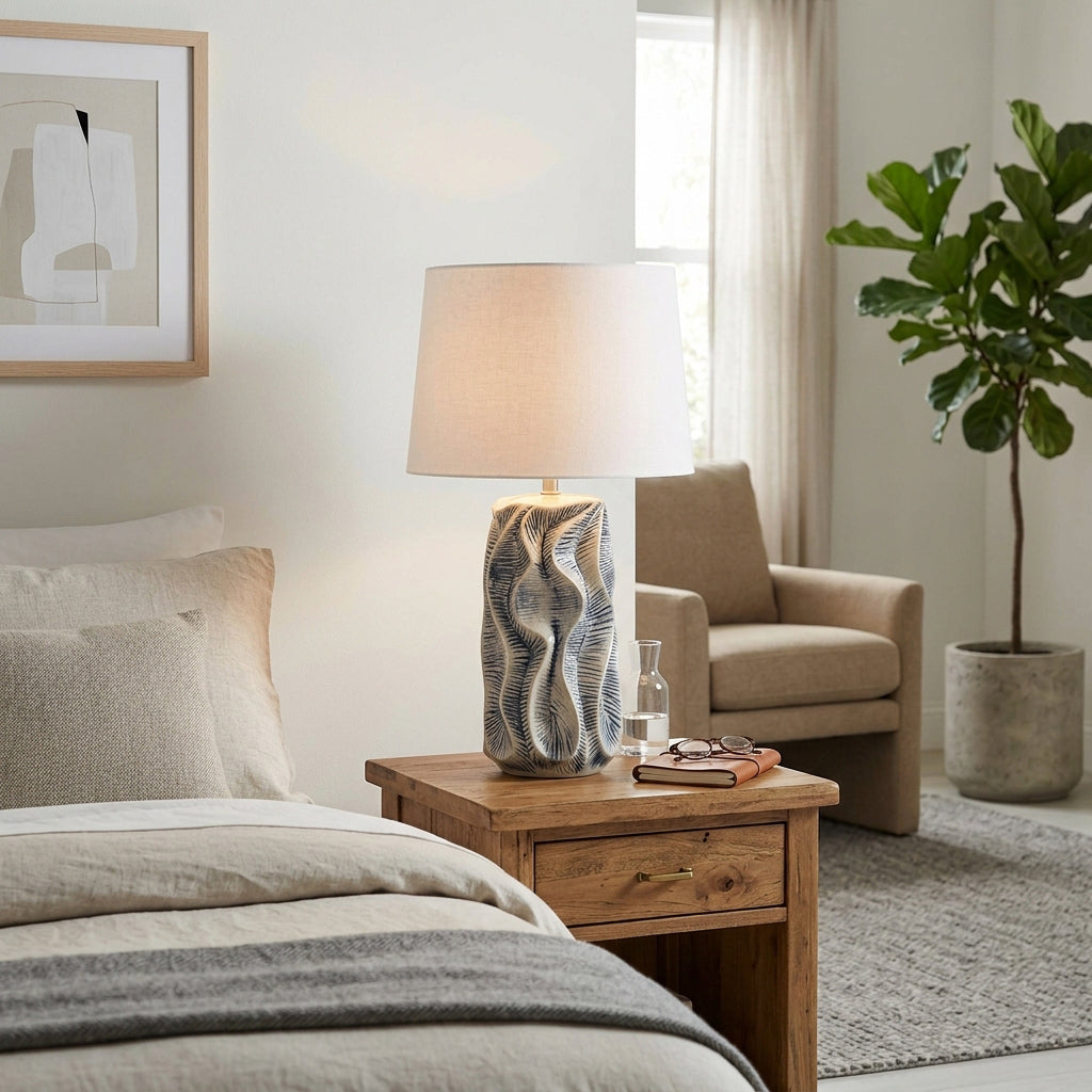 Swanton Blue Ceramic Table Lamp with Linen Lampshade