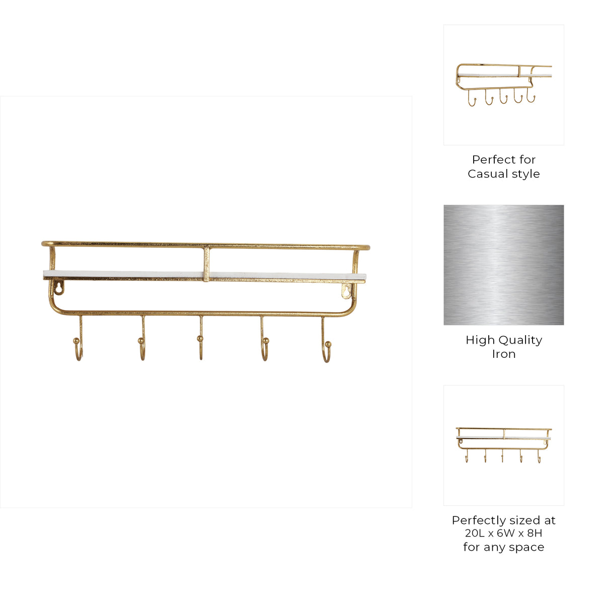 Calneva White/Gold Metal and Wood 5 Hook Wall Shelf