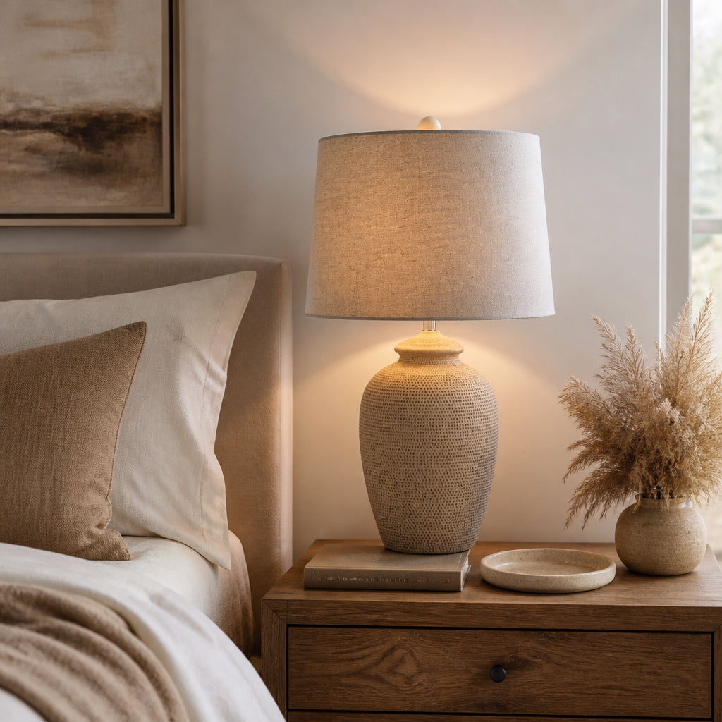 Ahwahnee Light Taupe/Gray Ceramic Table Lamp with Tapered Drum Linen Lampshade